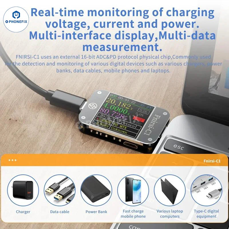 PHONEFIX FNB38 FNIRSI-C1 USB tester showing voltage and current readings on a digital display during fast charging protocol test.