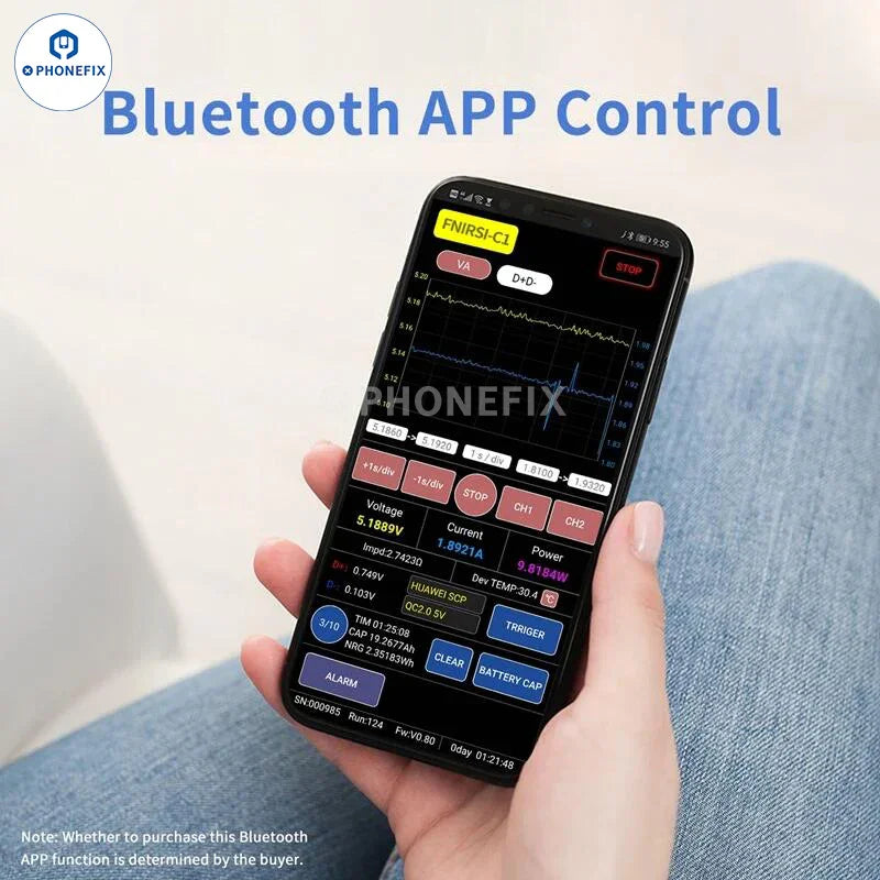 PHONEFIX FNB38 FNIRSI-C1 USB port tester displays voltage, current, and fast charging protocol on a compact device.