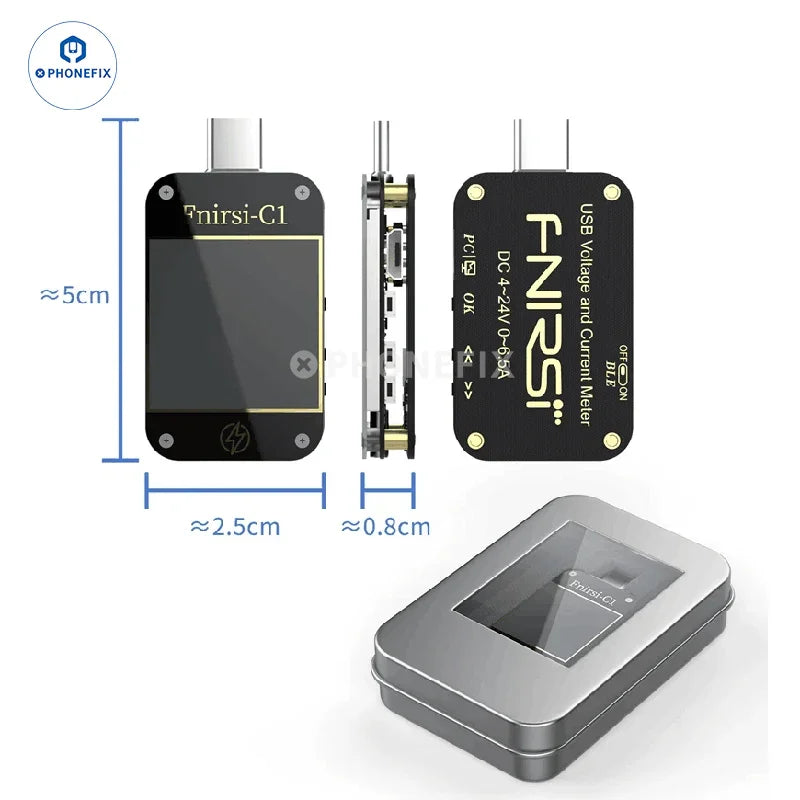 PHONEFIX FNB38 FNIRSI-C1 USB port tester showing voltage, current, and fast charging protocol on a digital display.
