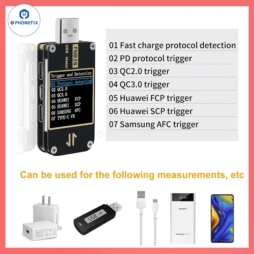 PHONEFIX FNB38 FNIRSI-C1 USB port tester showing voltage and current readings during fast charging protocol testing.