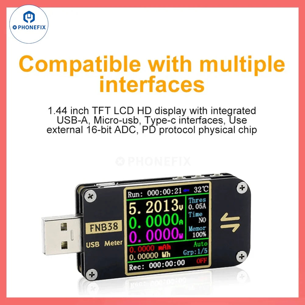 PHONEFIX FNB38 FNIRSI-C1 USB Tester shows voltage and current readings on a compact USB port testing device for fast charging protocol.