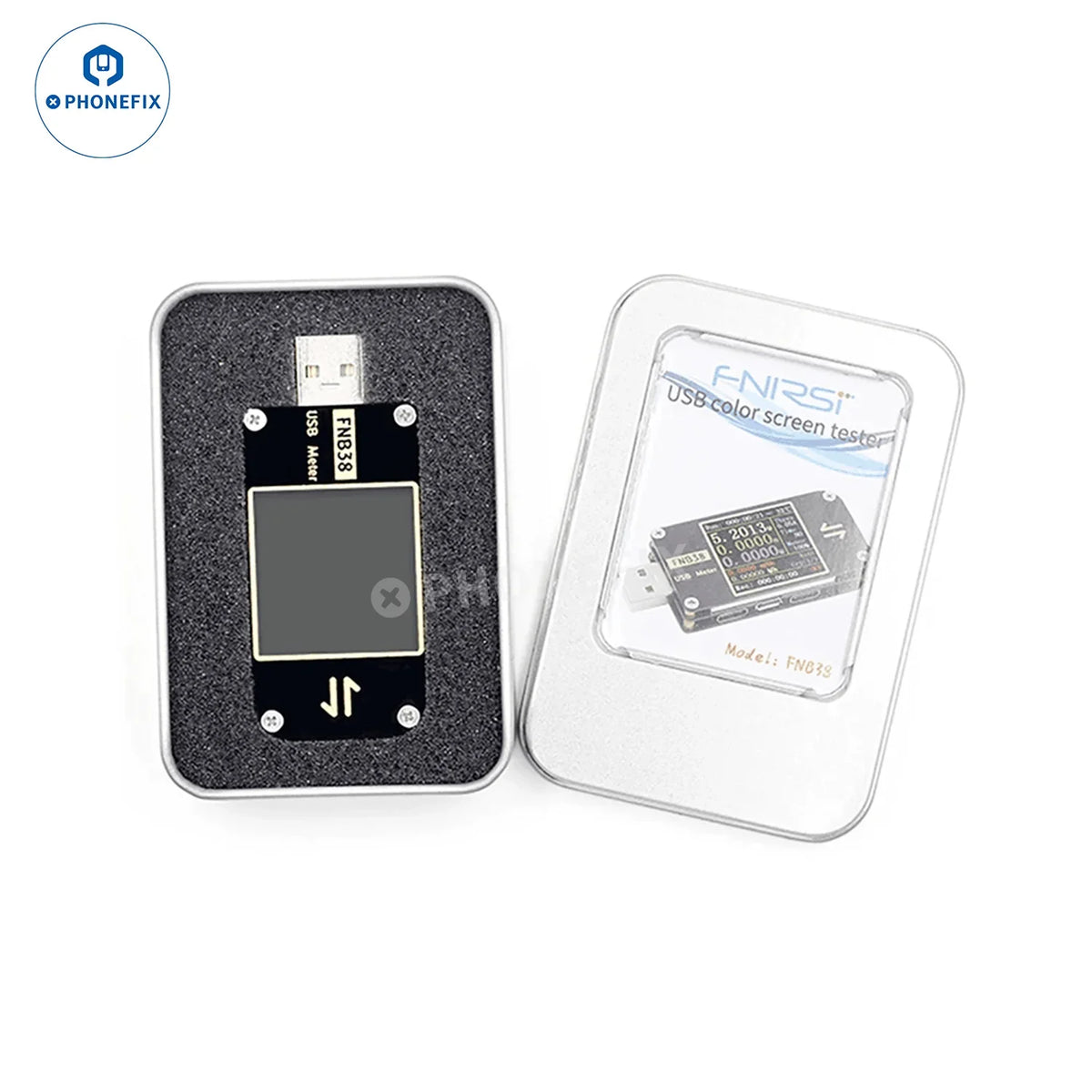 PHONEFIX FNB38 FNIRSI-C1 USB tester showing voltage and current readings on a USB port for fast charging protocol testing.