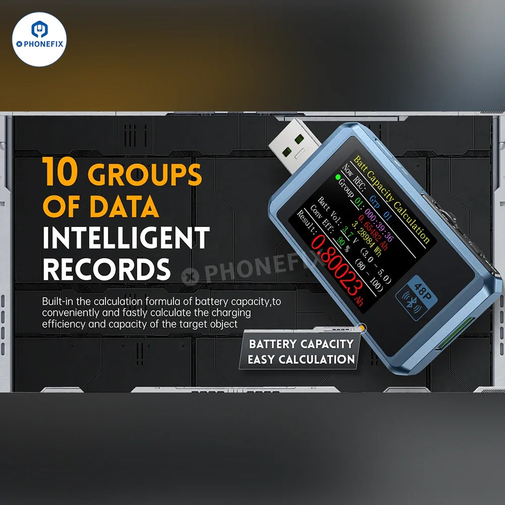 FNIRSI FNB48P USB tail tester by PHONEFIX showing USB port with LED indicators for fast charge detection.