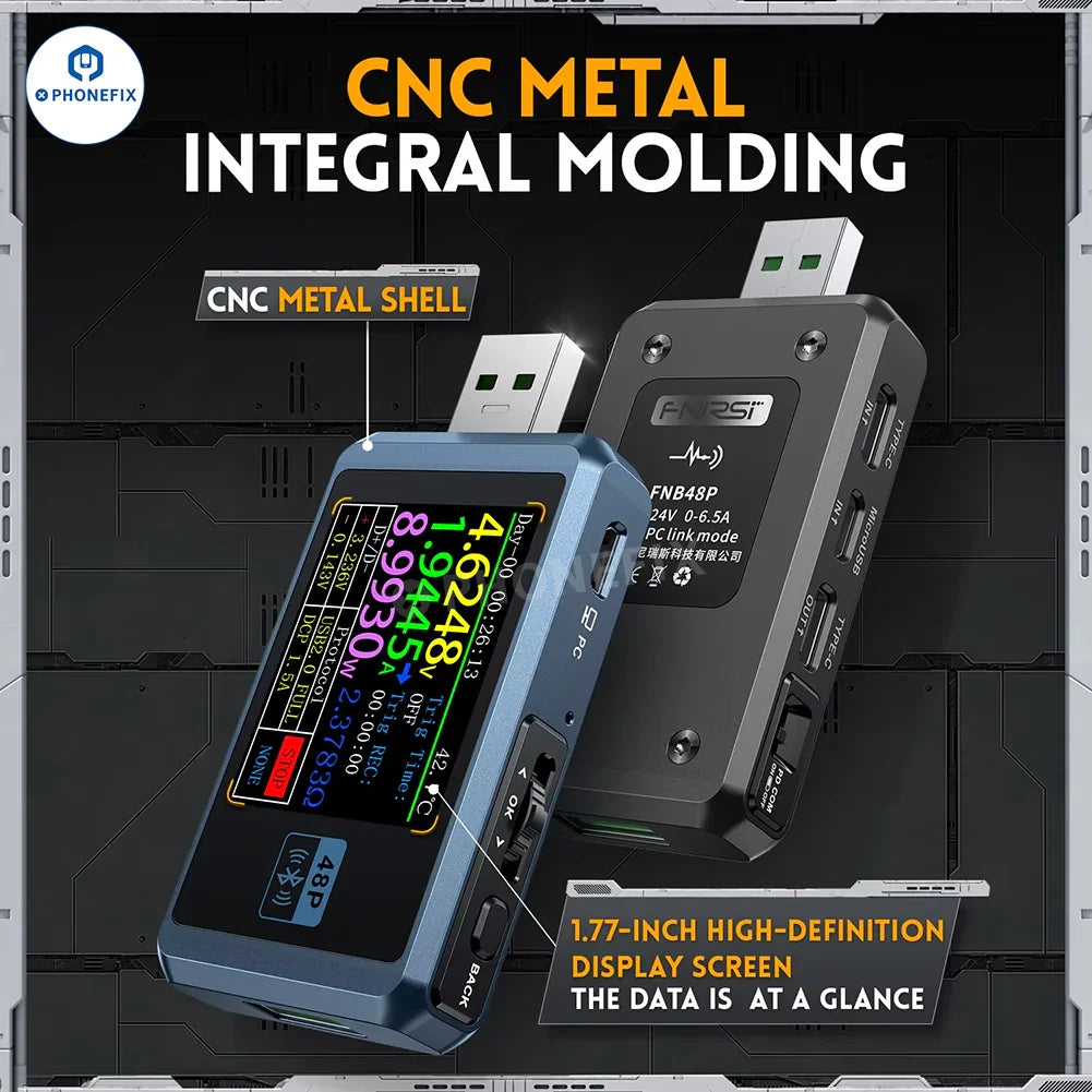 PHONEFIX FNIRSI FNB48P USB tail tester for phone fast charge detection, showing the device connected to a USB port.