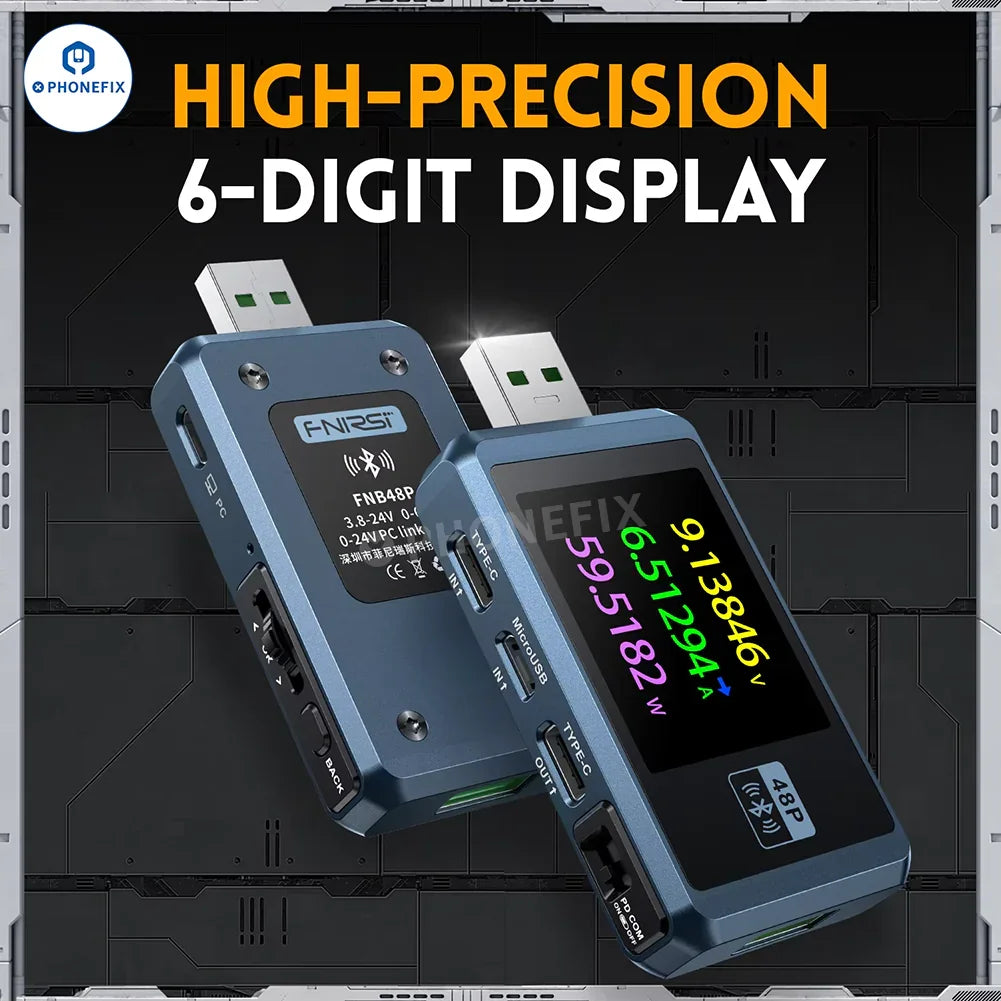FNIRSI FNB48P USB tail tester for phone fast charge detection, showing USB port with connection cables and digital display.
