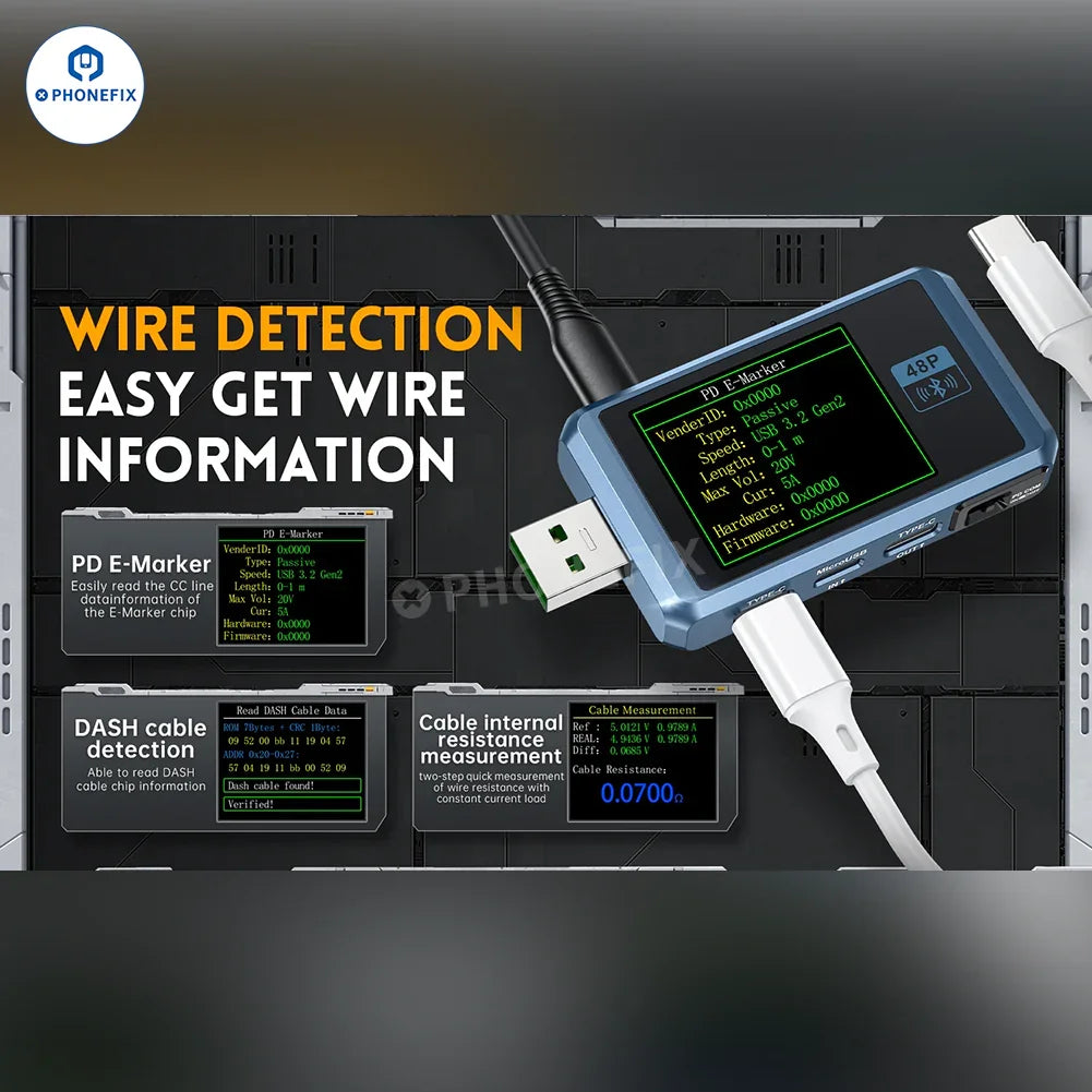 FNIRSI FNB48P USB port tester by PHONEFIX showing a close-up of the device connected to a phone for fast charge detection