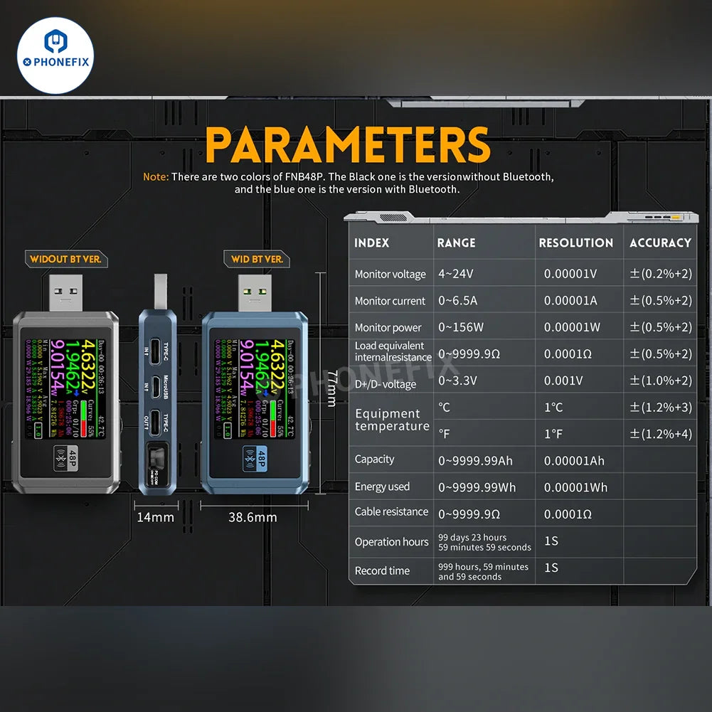 FNIRSI FNB48P USB tail tester by PHONEFIX, showing device connected for phone fast charge detection and USB port testing.