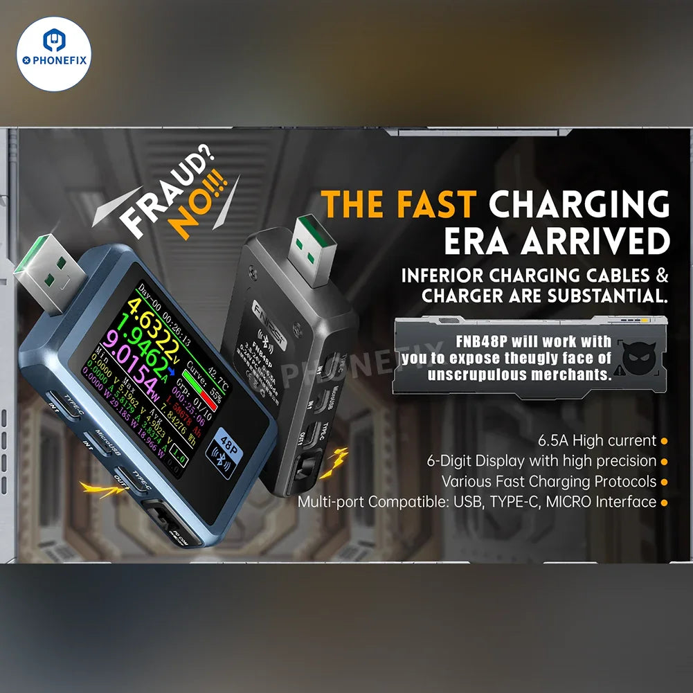 FNIRSI FNB48P USB tail tester for phone fast charge detection, showing USB port connection and digital display.