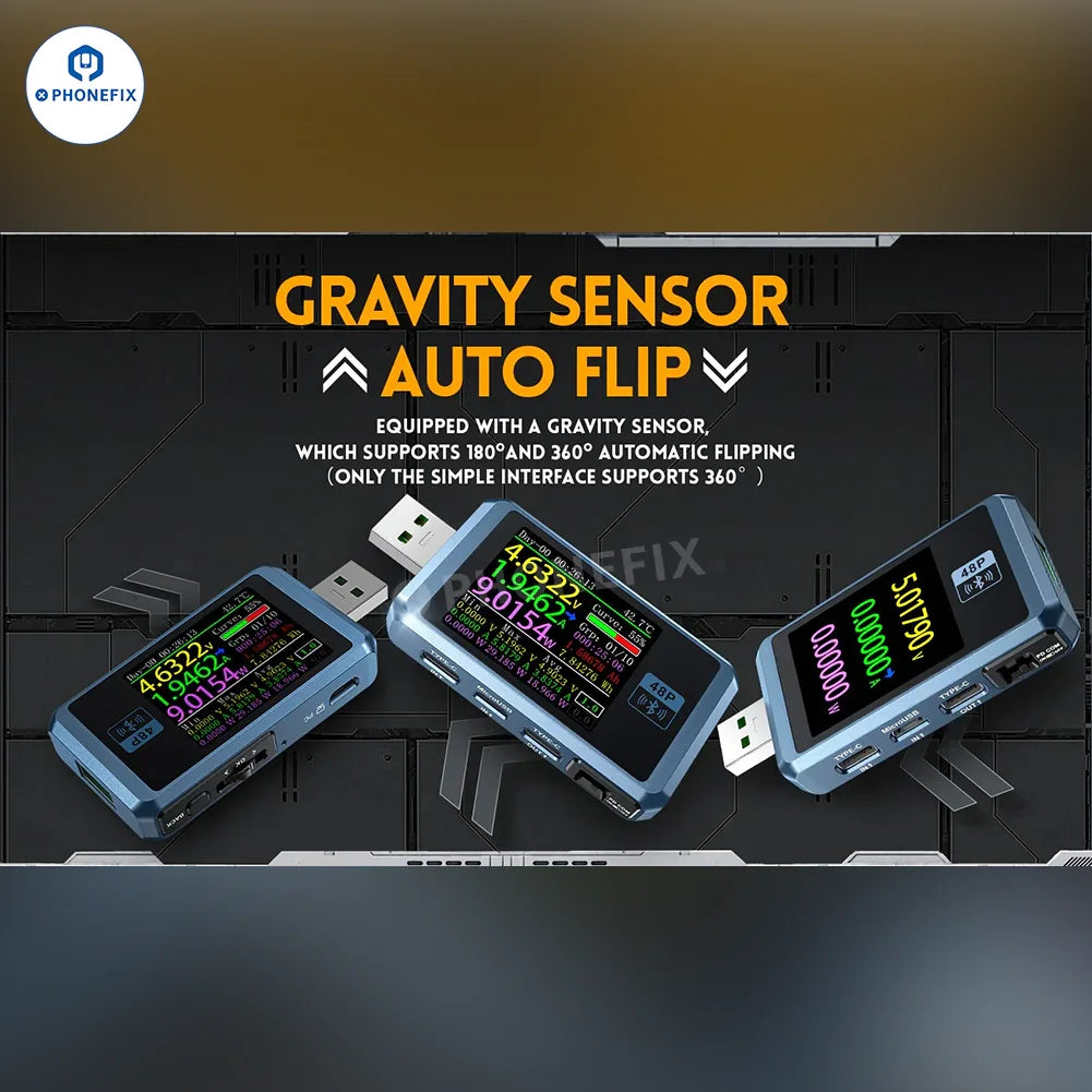 FNIRSI FNB48P USB tail tester for phone fast charge detection, showcasing the USB port tester from PHONEFIX.