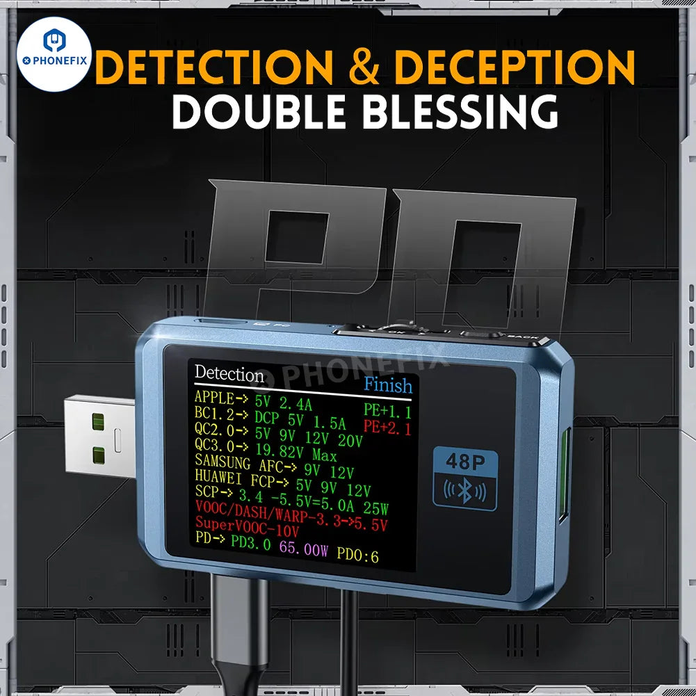 FNIRSI FNB48P USB tail tester by PHONEFIX showing a compact USB port tester for fast charge detection on a phone.