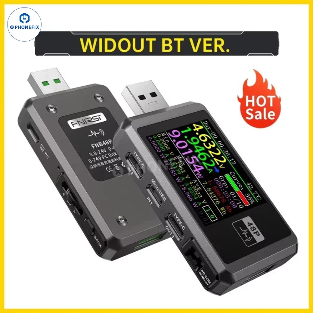 FNIRSI FNB48P USB tail tester for phone fast charge detection, showing USB port and testing display for PhoneFix brand