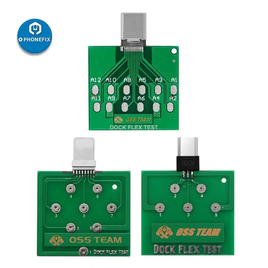 Micro USB dock flex test board for phone U2 charging port testing by PHONEFIX, showing the flexible micro USB connector and testing pins.