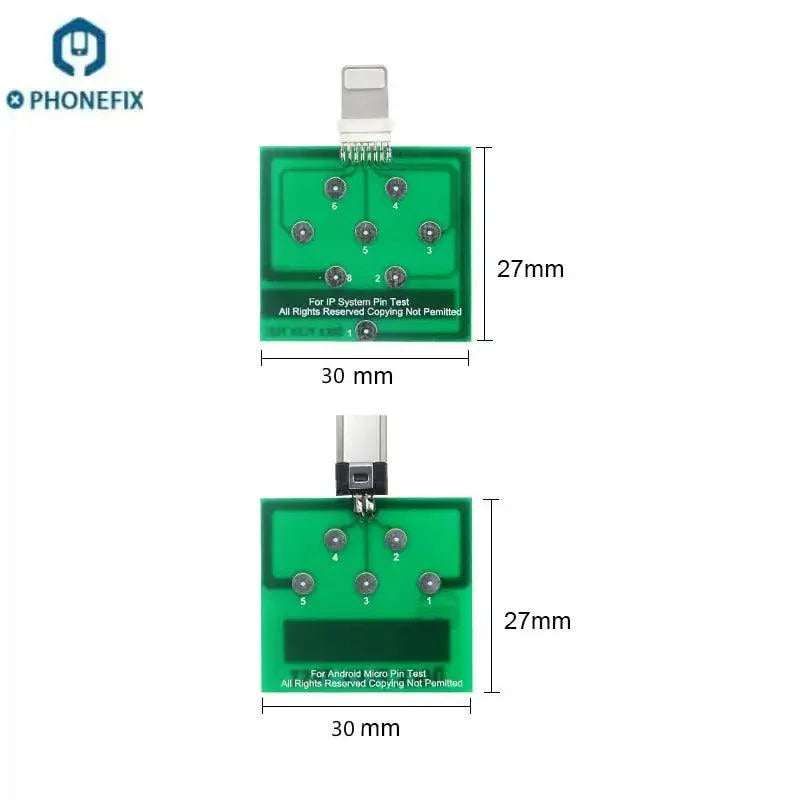 Micro USB dock flex test board for phone U2 charging port testing, designed by PHONEFIX for USB port diagnostics.