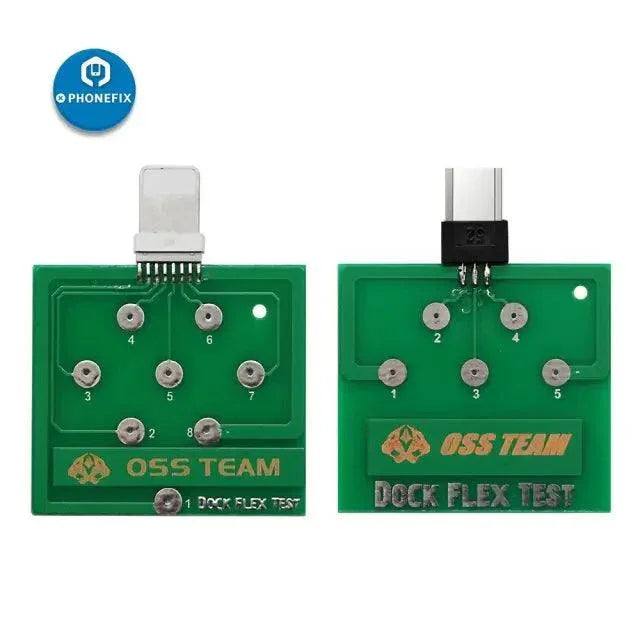 Micro USB dock flex test board by PHONEFIX, used for testing U2 phone charging port connections and repairs.