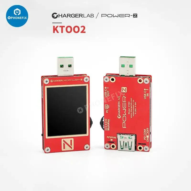 POWER-Z PD Tester KT002 with USB Type-C voltmeter and ammeter showing connection status and real-time voltage and current readings.