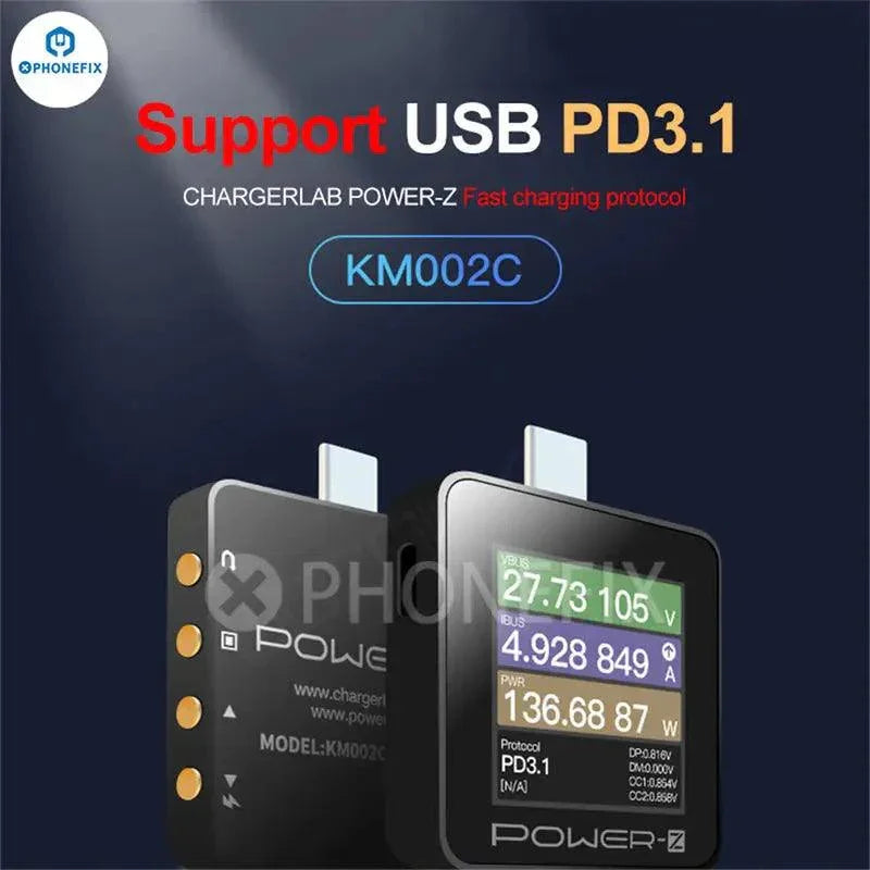 PhoneFix KM001 POWER-Z USB digital tester displaying Type-C voltage and current measurement on a digital screen.