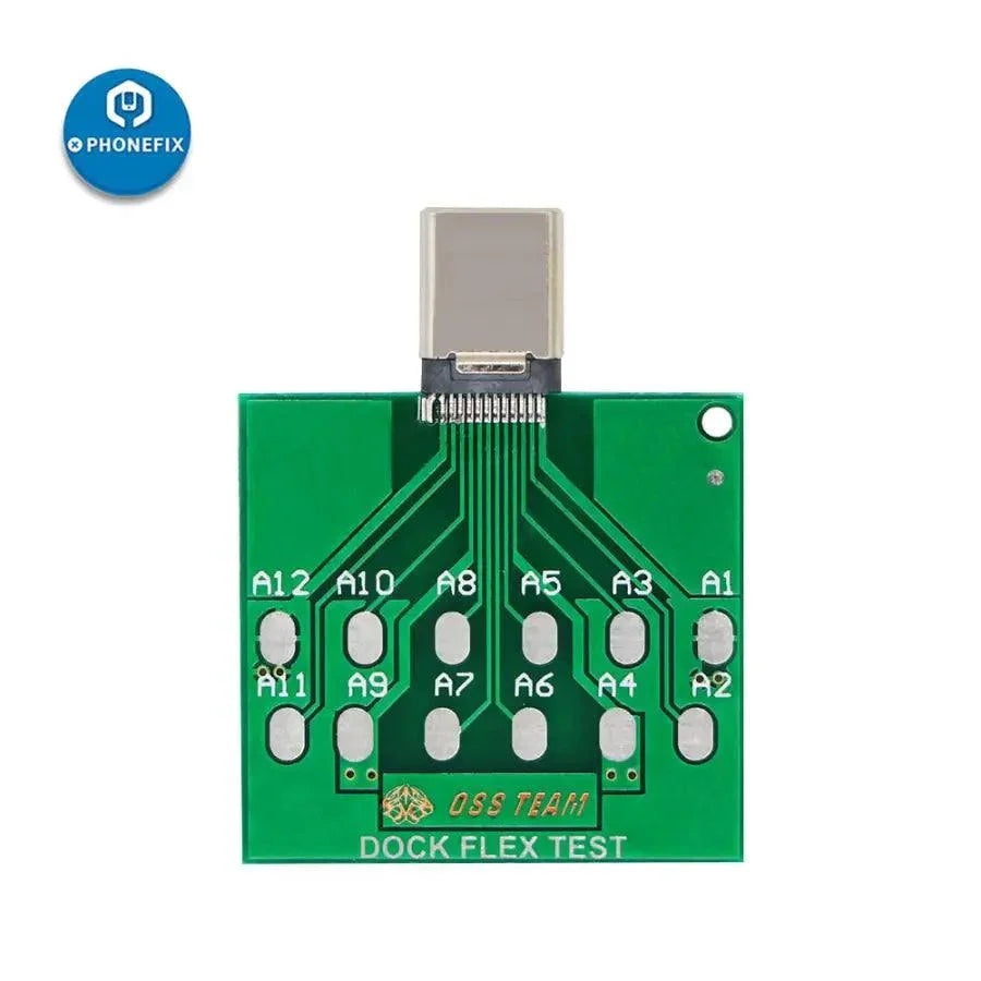 PhoneFix USB port tester with Micro USB port for iPhone U2 testing, showing the USB dock tail plug and testing board.