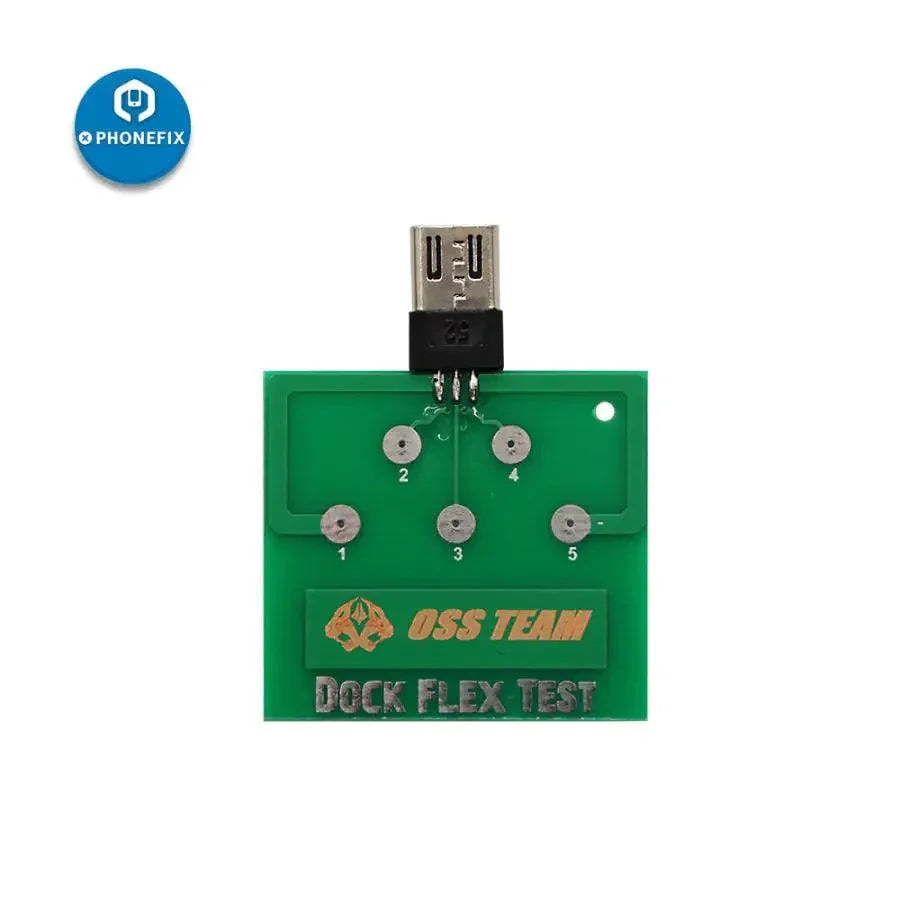 PhoneFix USB port tester for iPhone U2 Micro ports, showing the USB dock tail plug and testing board for port inspection.