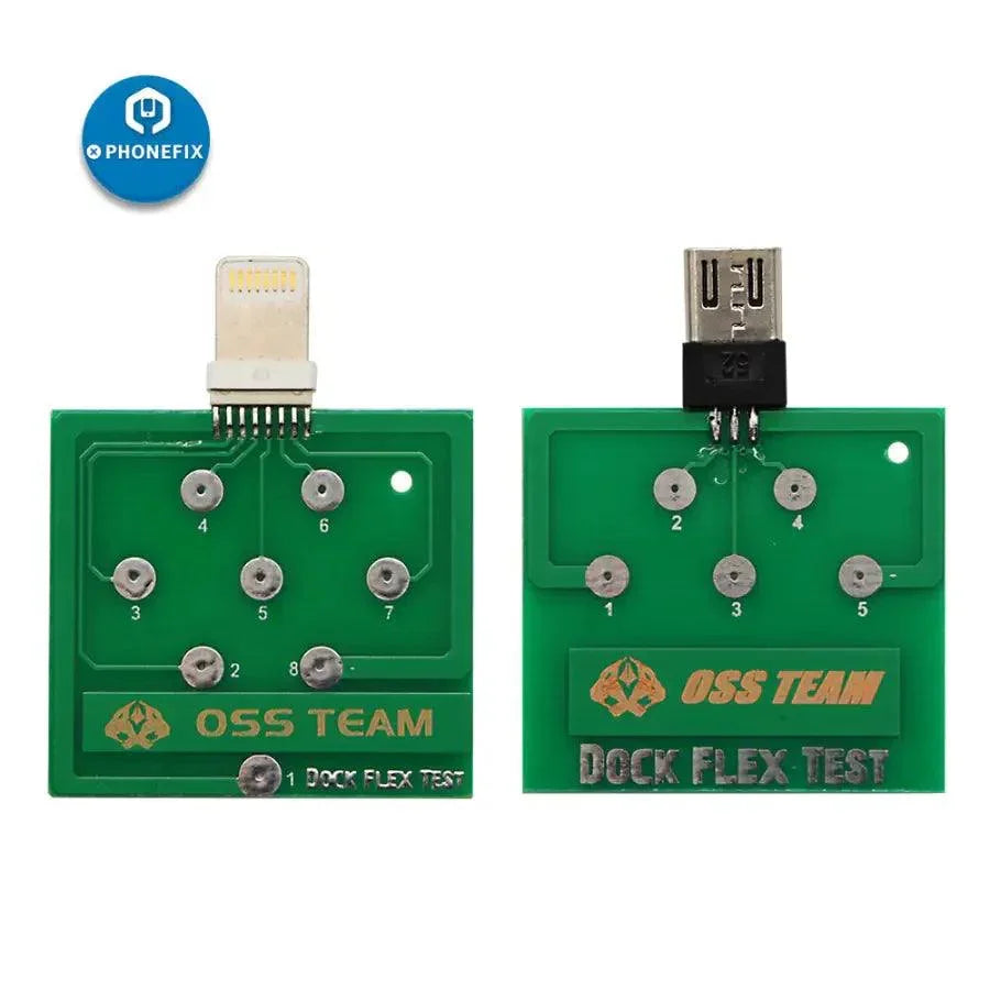 PHONEFIX USB port tester for iPhone U2 Micro ports, showing the test board with USB dock tail plug and port testing components.