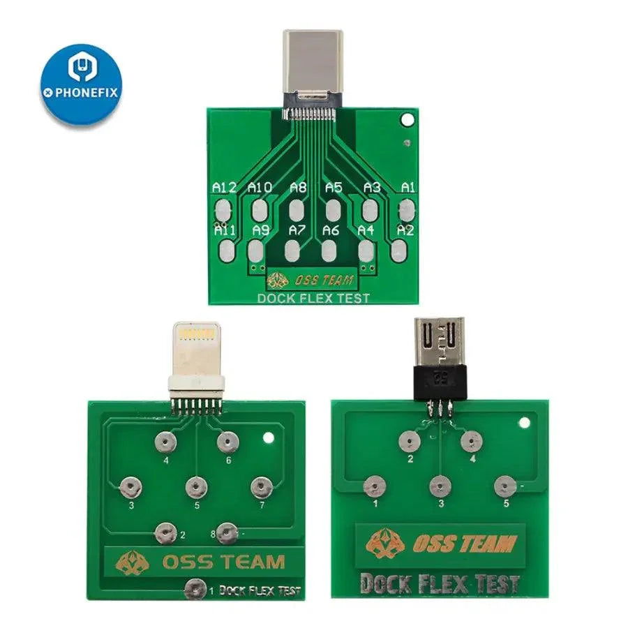 USB port tester board for iPhone U2 and Micro ports, used to test USB dock tail plugs and port connections.