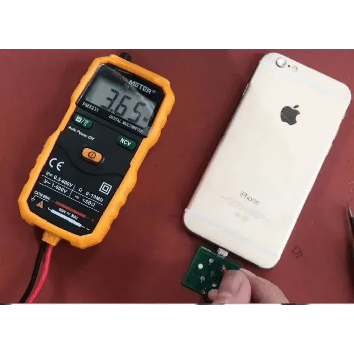 PHONEFIX USB port tester for iPhone U2 Micro ports, showing the test board with USB dock tail plug for port testing.