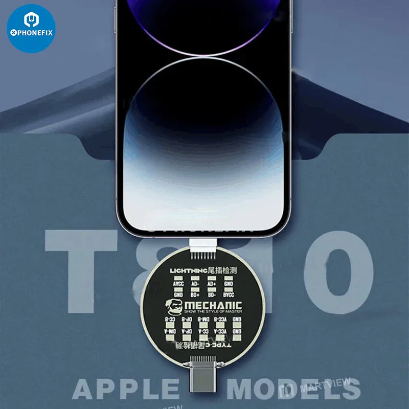 PHONEFIX USB port tester for iPhone U2 Micro ports, showing a compact test board with USB dock tail plug and port testing components.