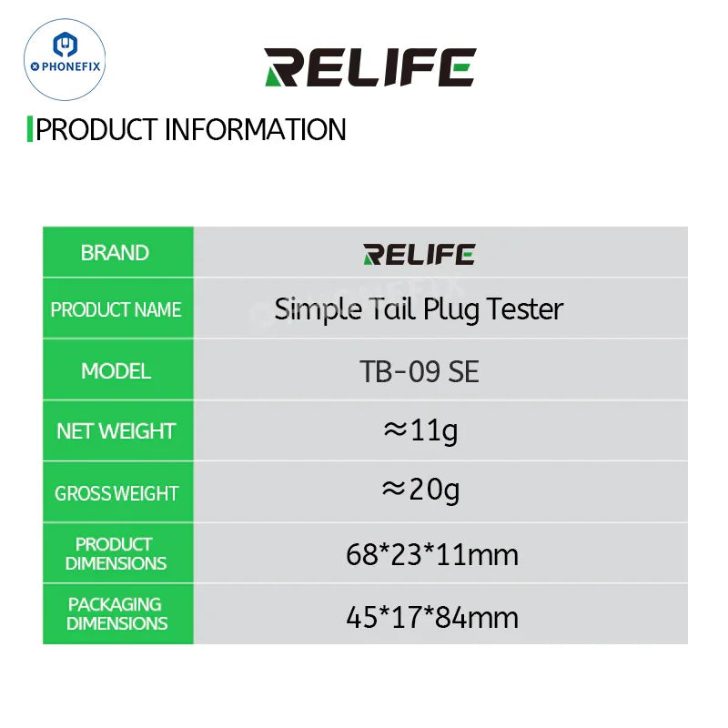 PHONEFIX RELIFE TB-09 SE Type-C Lightning USB port tester displaying connection ports and testing indicators on a white background.