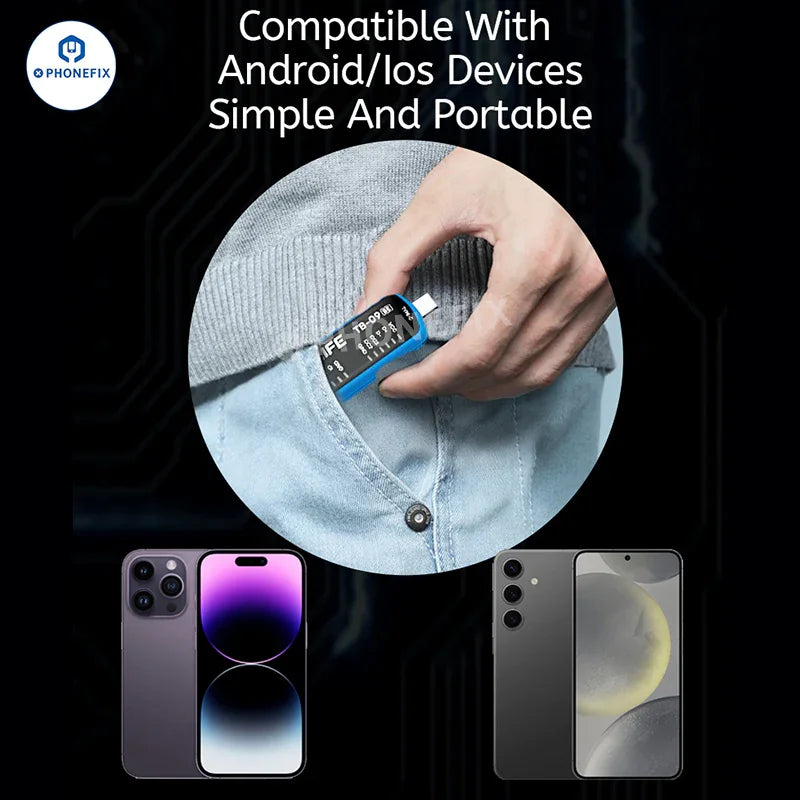 PHONEFIX RELIFE TB-09 SE Type-C Lightning USB port tester showing connection ports and LED indicators for phone charging diagnostics