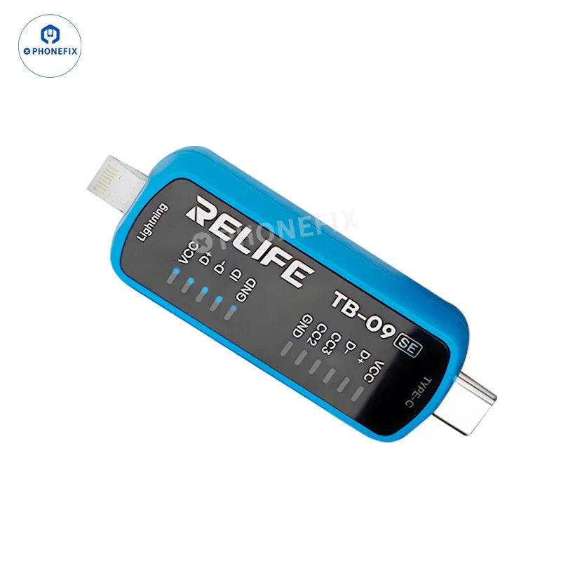 PhoneFix RELIFE TB-09 SE Type-C Lightning USB port tester showing connection ports and LED indicators for phone charging testing.