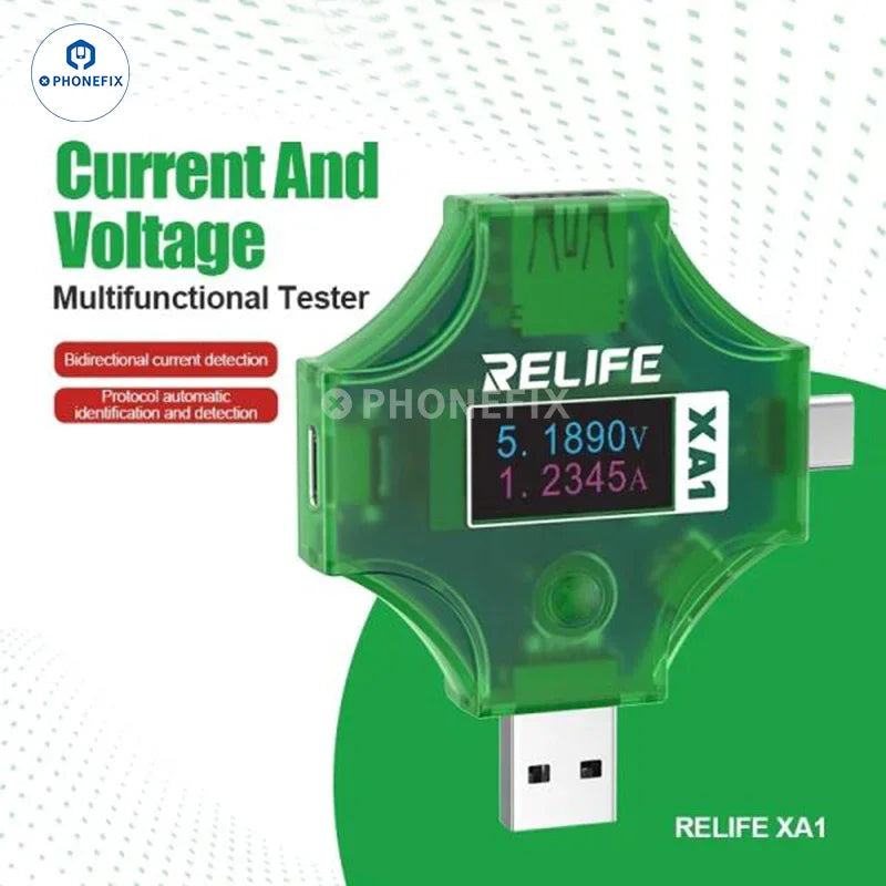 El comprobador de puertos USB RELIFE XA1 de PHONEFIX muestra una pantalla digital y mide la corriente y el voltaje en un dispositivo portátil compacto.