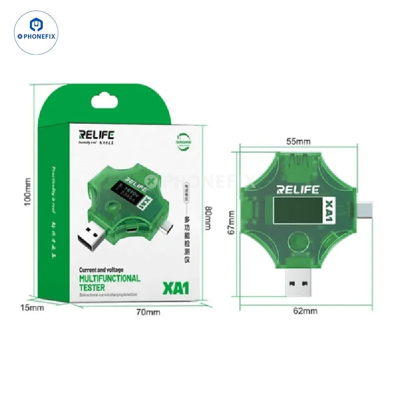 El comprobador de puertos USB RELIFE XA1 de PHONEFIX muestra las lecturas de corriente y voltaje en una pantalla digital.