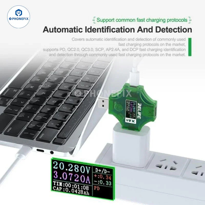 El comprobador de puertos USB RELIFE XA1 de PHONEFIX es un detector multifuncional de corriente y voltaje con pantalla digital para la resolución de problemas.