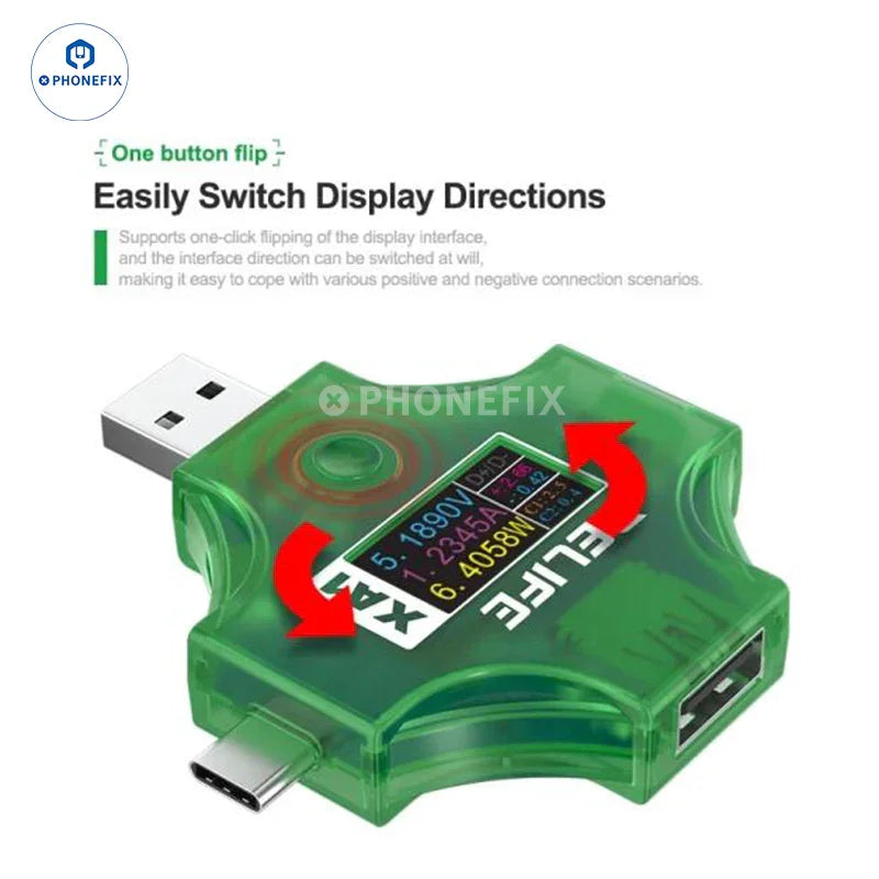 El comprobador de puertos USB Relife XA1 de PHONEFIX muestra las lecturas de corriente y voltaje en una pantalla digital.
