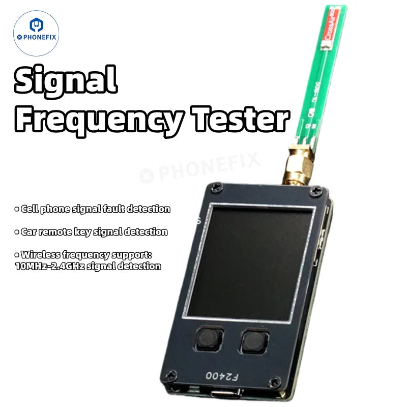 PHONEFIX F2400 signal frequency tester USB port for phone, Bluetooth, WiFi, and car key repair, showing device connecting to a USB port.