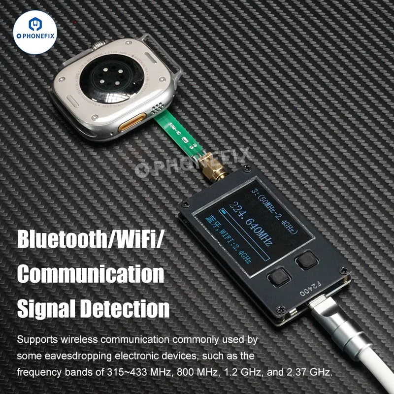 PhoneFix F2400 USB port signal frequency tester for phone, Bluetooth, WiFi, and car key repair, showing device connected to a computer.