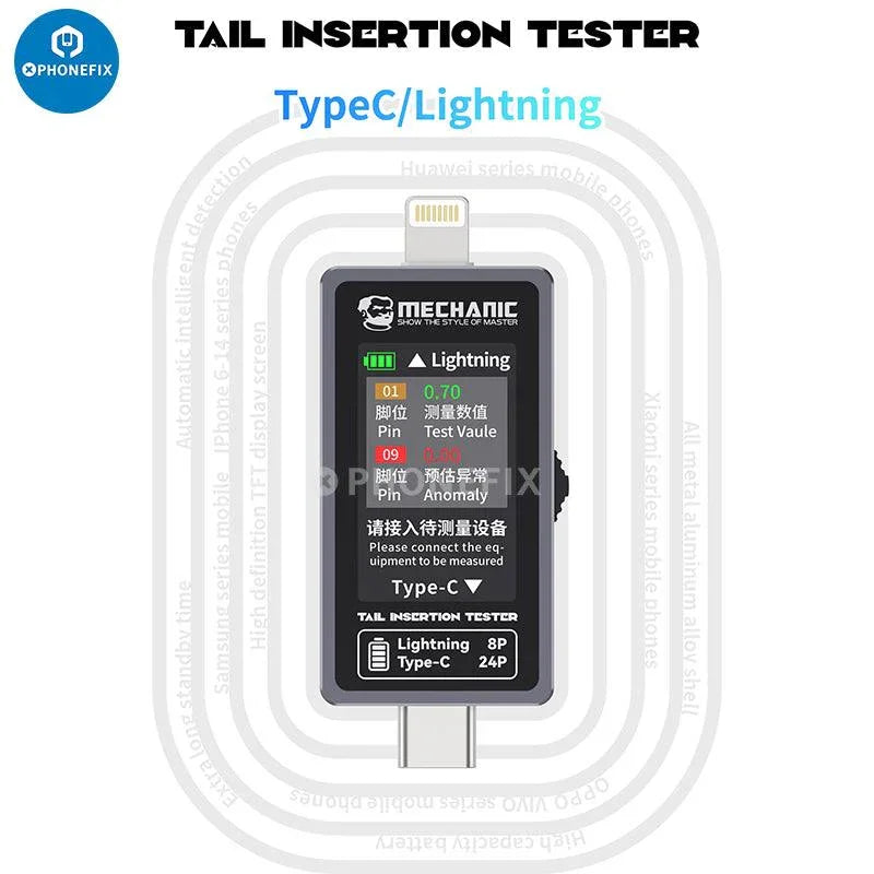 PHONEFIX Mechanic T-824 USB port tester with Type-C and Lightning detection for phones and tablets, showing device connection.