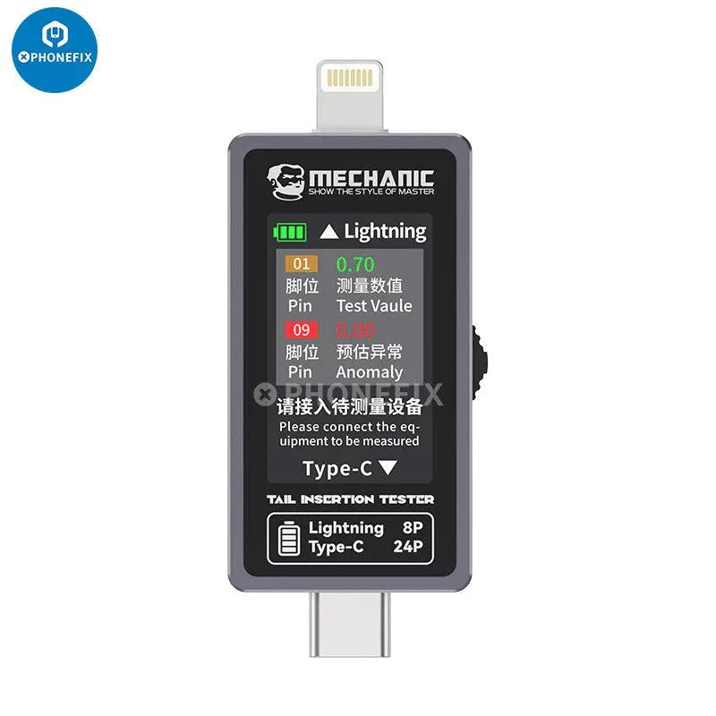 PHONEFIX T-824 mechanic USB port tester with tail insertion detection for Type-C and Lightning phone and tablet connections.