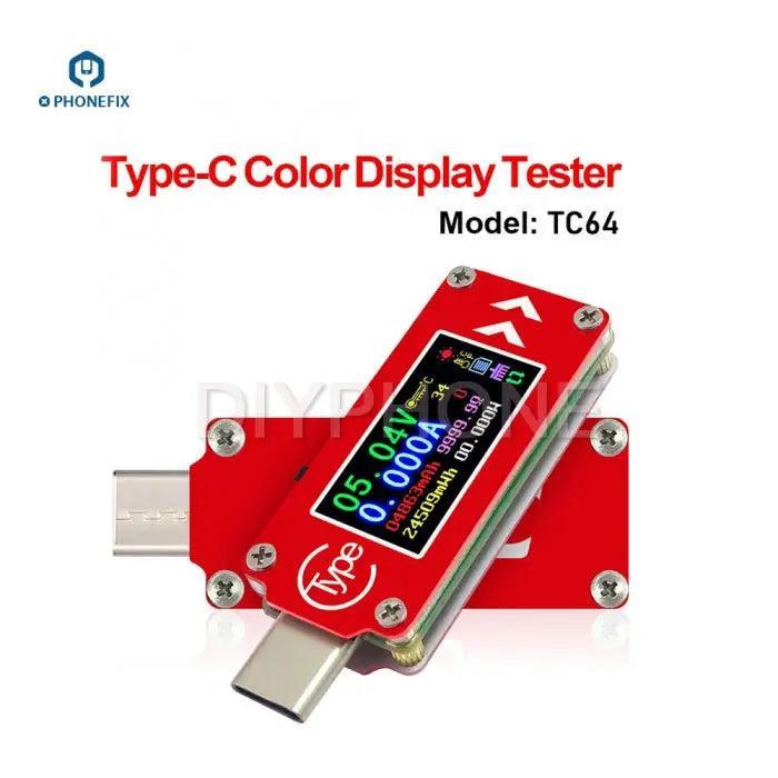 PhoneFix TC64 USB Type-C port multimeter showing voltage, current readings on a color LCD display.