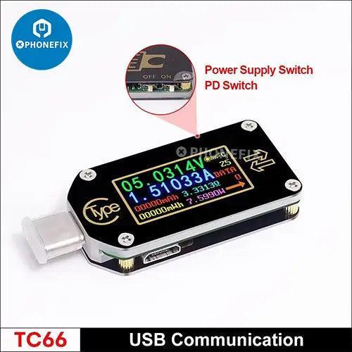 PHONEFIX TC64 USB Type-C port multimeter displaying voltage and current on a color LCD screen.