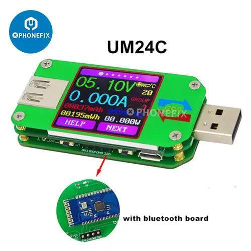 UM24 USB color LCD power meter showing voltage, current, and power readings for USB port testing by PHONEFIX.