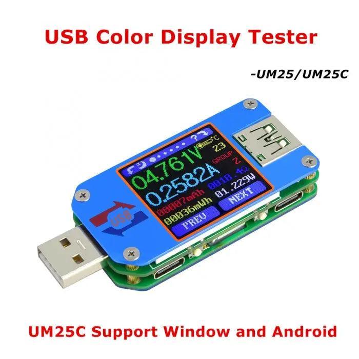 UM25 USB and Type-C LCD display power meter and mini USB multimeter from PHONEFIX showing ports and measurement screens