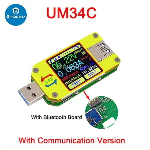 USB voltage tester with color LCD display from PHONEFIX, compatible with UM34C, UM25C, UM24C models, showing connection and voltage readings.