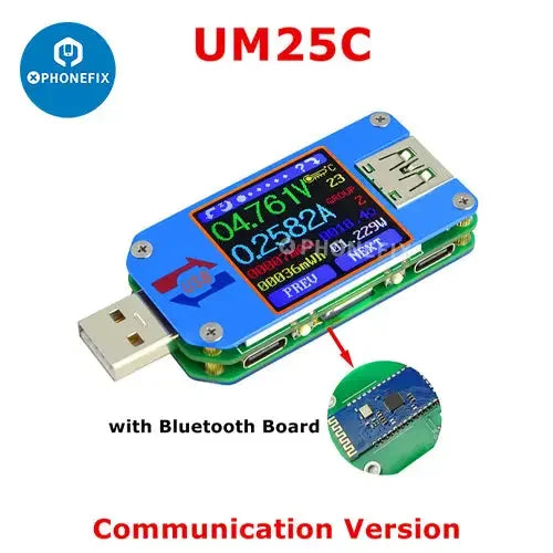Color LCD display USB voltage tester for phone charging ports, compatible with UM34C, UM25C, and UM24C models by PHONEFIX.