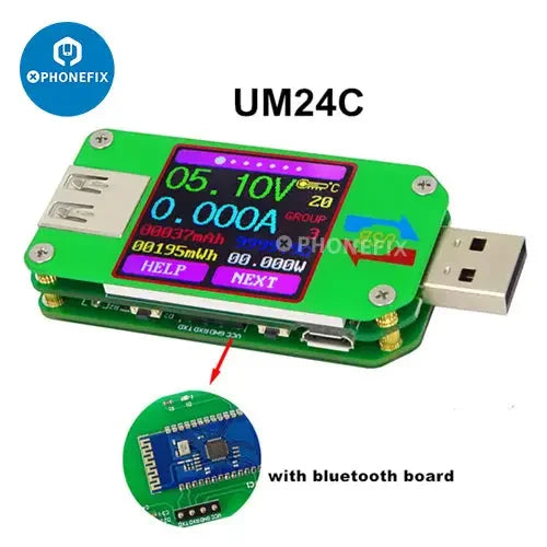 Color LCD display USB voltage tester for phone and device charging, compatible with UM34C, UM25C, and UM24C models by PHONEFIX.
