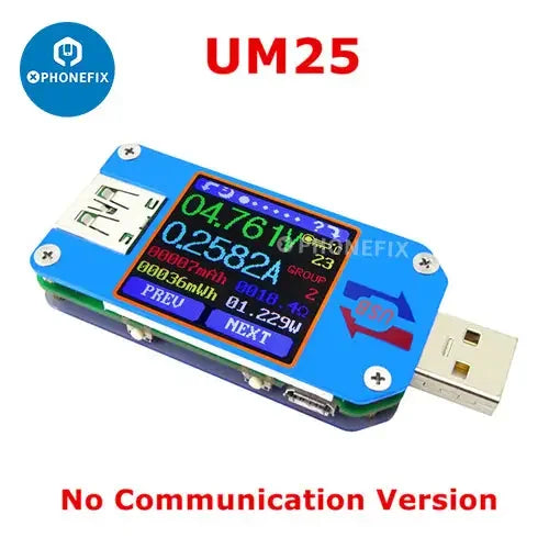 Color LCD display USB voltage tester for phone and device charging, compatible with UM34C, UM25C, UM24C models by PHONEFIX.
