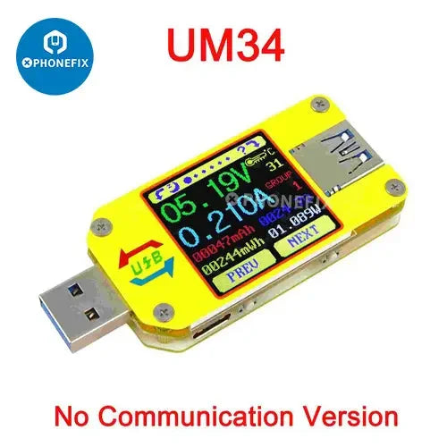 Color LCD display USB voltage tester for phone and device charging ports, compatible with UM34C, UM25C, and UM24C models by PHONEFIX.