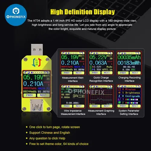 Color LCD display USB voltage tester for phone fix, compatible with UM34C, UM25C, and UM24C models, showing voltage readings.