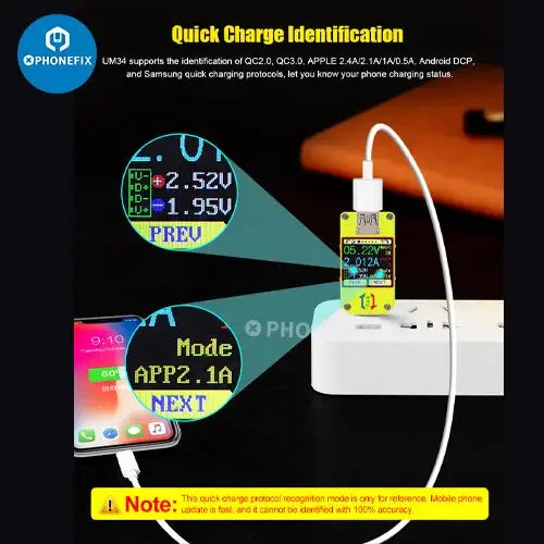 Color LCD display USB voltage tester for phones and devices, compatible with UM34C, UM25C, UM24C models by PHONEFIX.