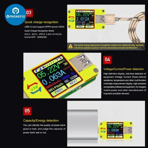 Color LCD USB voltage tester for phone and device charging ports, compatible with UM34C, UM25C, and UM24C models by PHONEFIX.