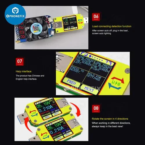 Color LCD display USB voltage tester for phone and device charging ports by PHONEFIX, compatible with UM34C, UM25C, and UM24C models.